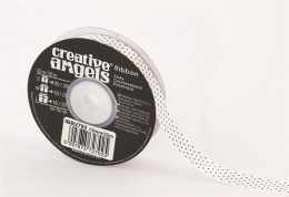 Szatén szalag, 15 mm x 22 m, fehér fekete pöttyökkel